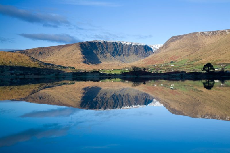 Reflection of Maumtrasna in Lough Mask, Co Mayo, Ireland.