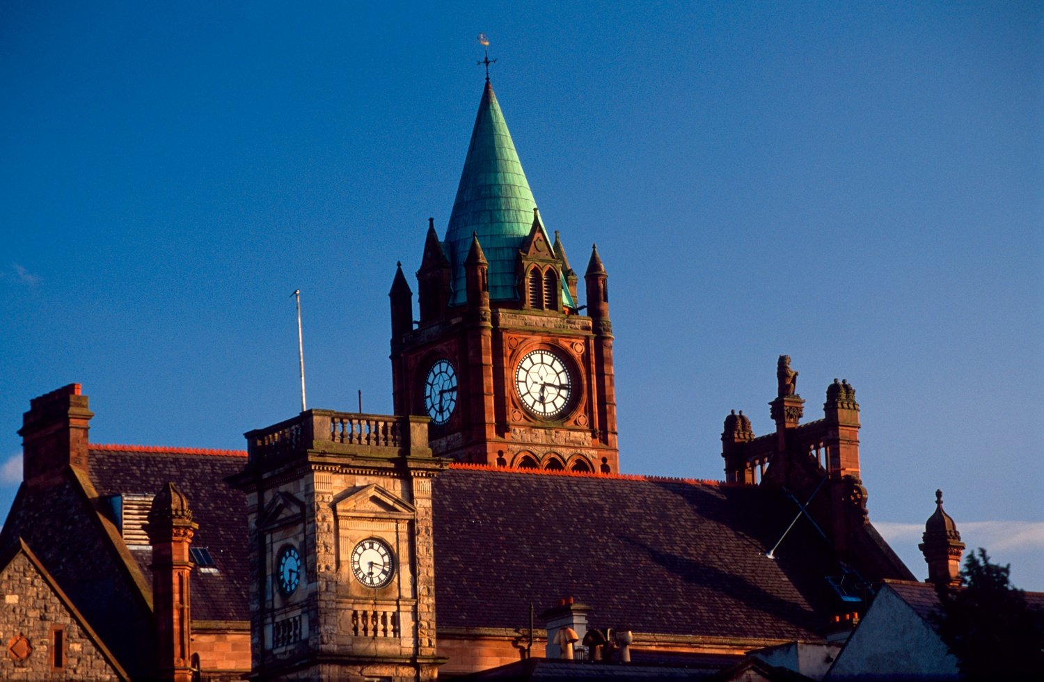 The Guildhall and Customs House clock towers, Derry, Co Derry, Ireland. The Guildhall and Customs House clock towers, Derry, Co Derry, Ireland.