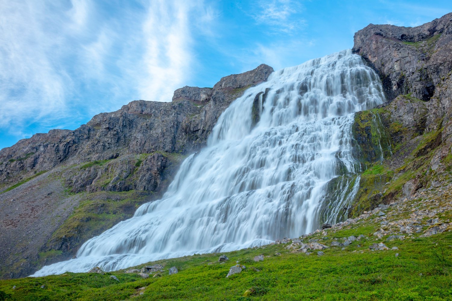 Dynjandi waterfall, or Fjallfoss, reaches 100m high. Westfjords, Iceland. Dynjandi waterfall, or Fjallfoss, reaches 100m high. Westfjords, Iceland.
