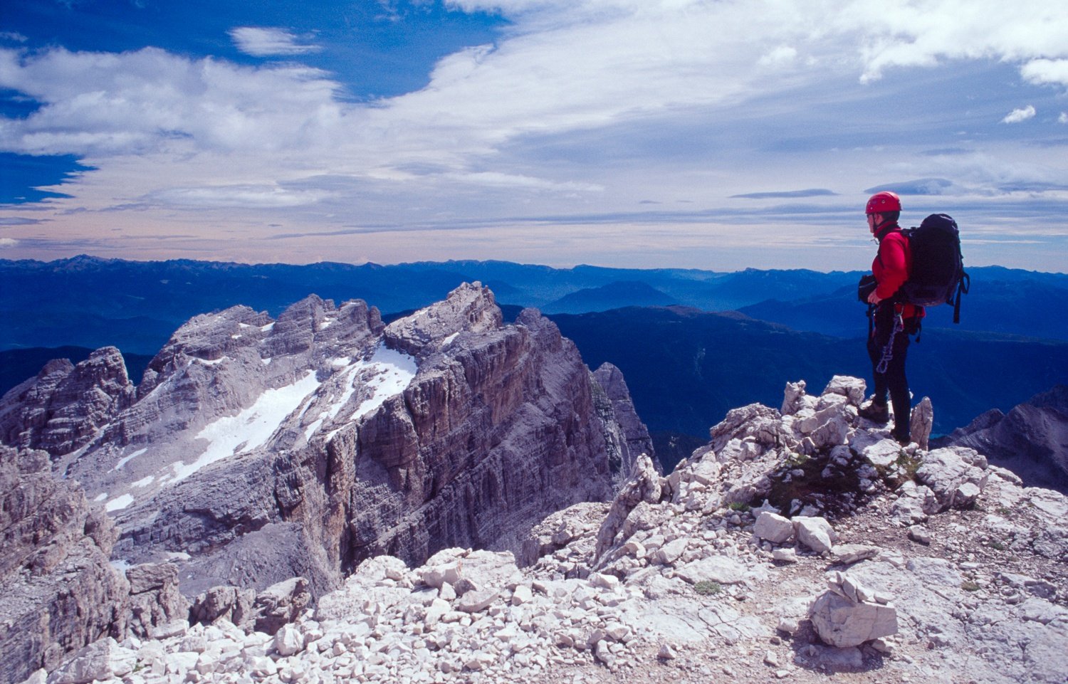 Climber on the via ferrata Sentiero Benini, Brenta Dolomites, Italian Alps, Italy. Climber on the via ferrata Sentiero Benini, Brenta Dolomites, Italian Alps, Italy.