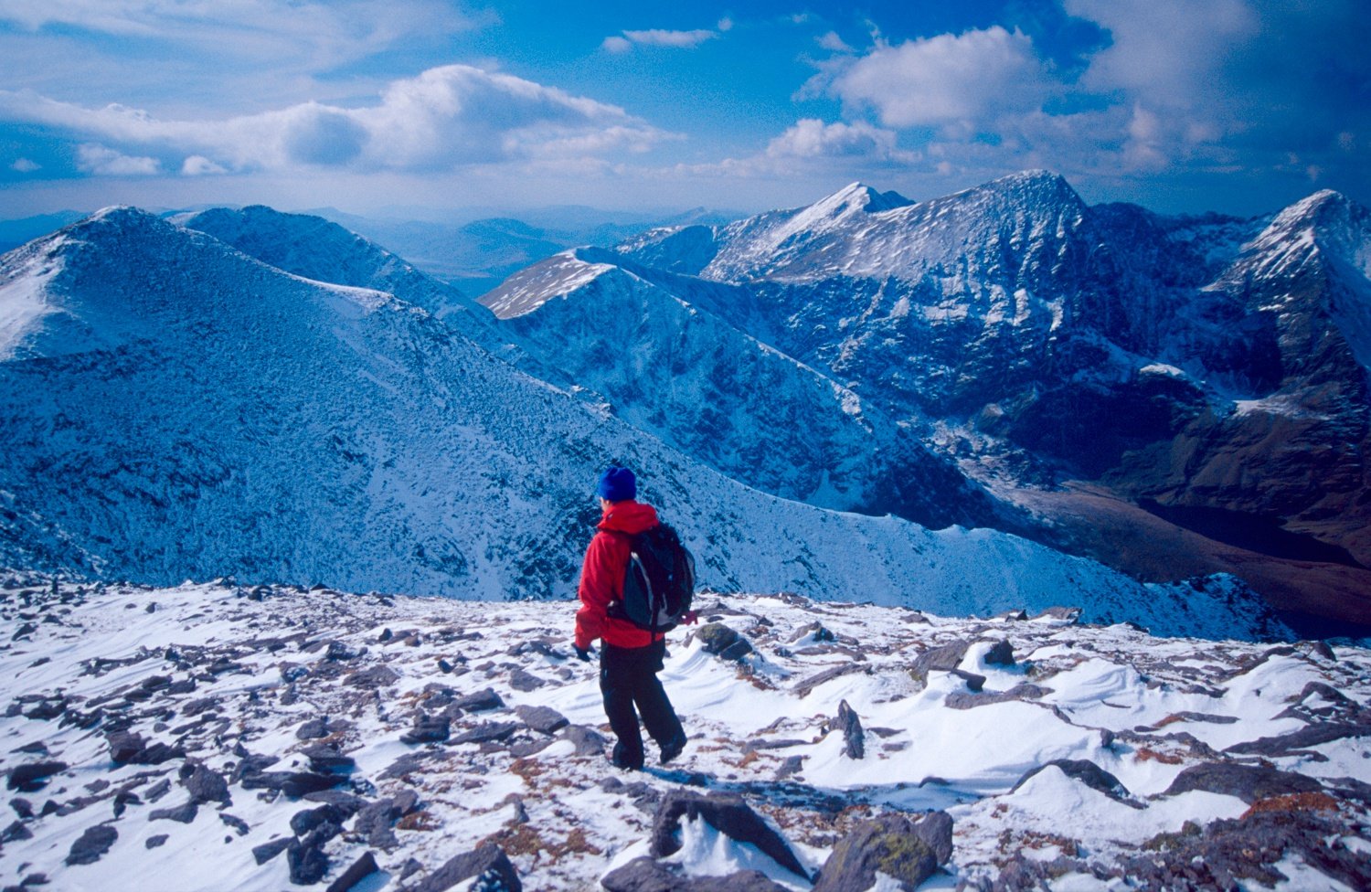 Winter walker heading west from Knocknapeasta, MacGillycuddy's Reeks, Co Kerry, Ireland. Winter walker heading west from Knocknapeasta, MacGillycuddy's Reeks, Co Kerry, Ireland.