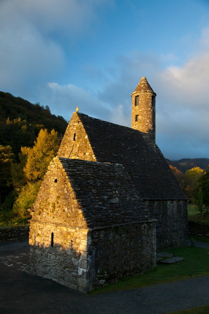 St Kevin's church and round tower, Glendalough monastic site, Co Wicklow, Ireland.