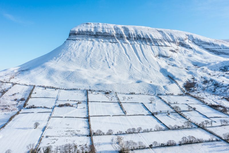 Winter snowfall on Benbulben, County Sligo, Ireland.