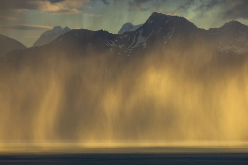 Evening shower sweeps across Lago Viedma, Los Glaciares National Park, Patagonia, Argentina