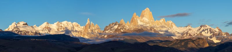 Panorama of the Fitzroy and Cerro Torre massif, Patagonia, Argentina.