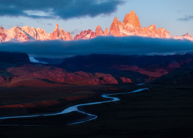 Drone image of the Fitzroy massif from above the Las Vueltas River, Patagonia. Argentina.