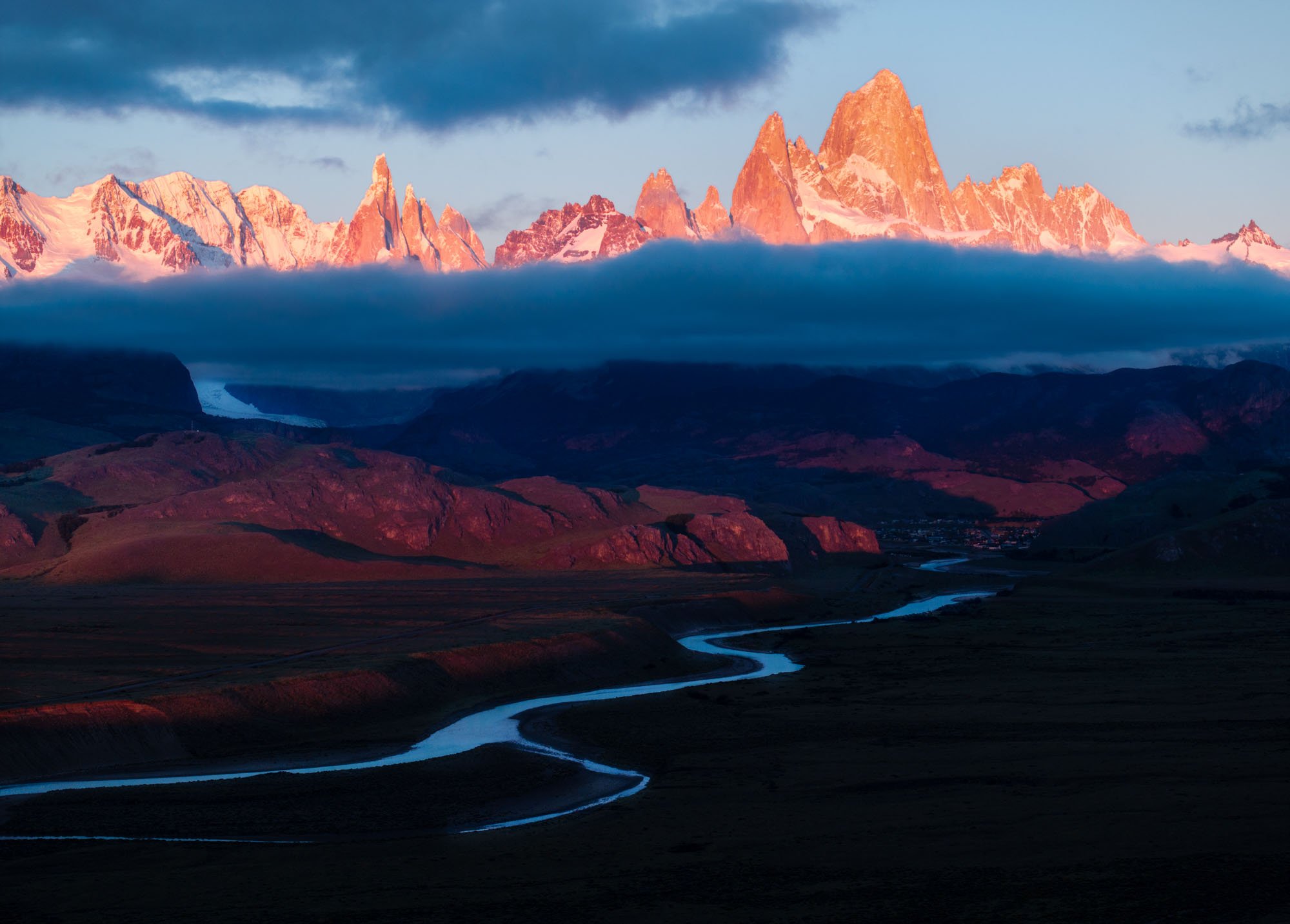 Drone image of the Fitzroy massif from above the Las Vueltas River, Patagonia. Argentina. Drone image of the Fitzroy massif from above the Las Vueltas River, Patagonia. Argentina.