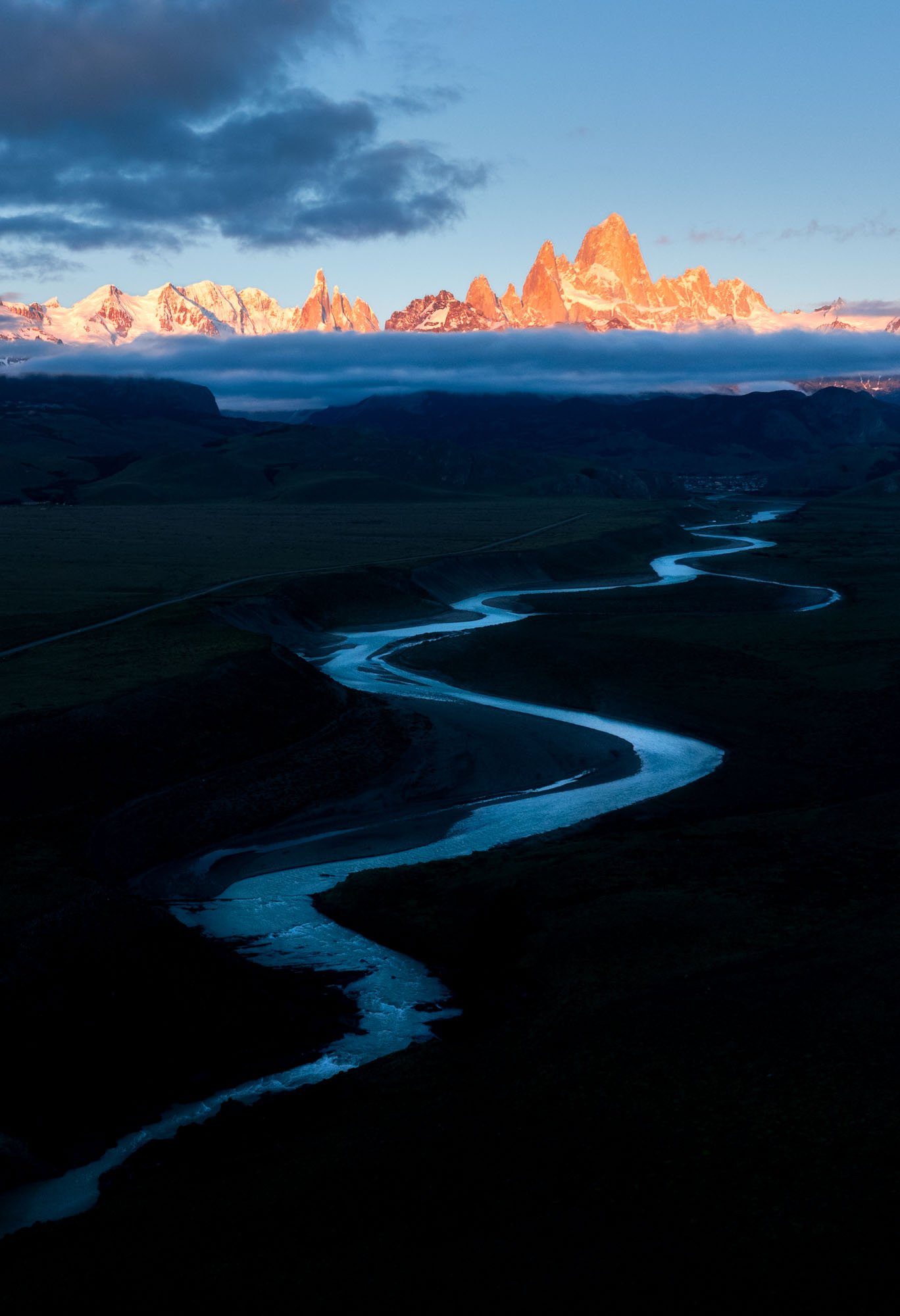 Drone image of the Fitzroy massif from above the Las Vueltas River, Patagonia, Argentina. Drone image of the Fitzroy massif from above the Las Vueltas River, Patagonia, Argentina.