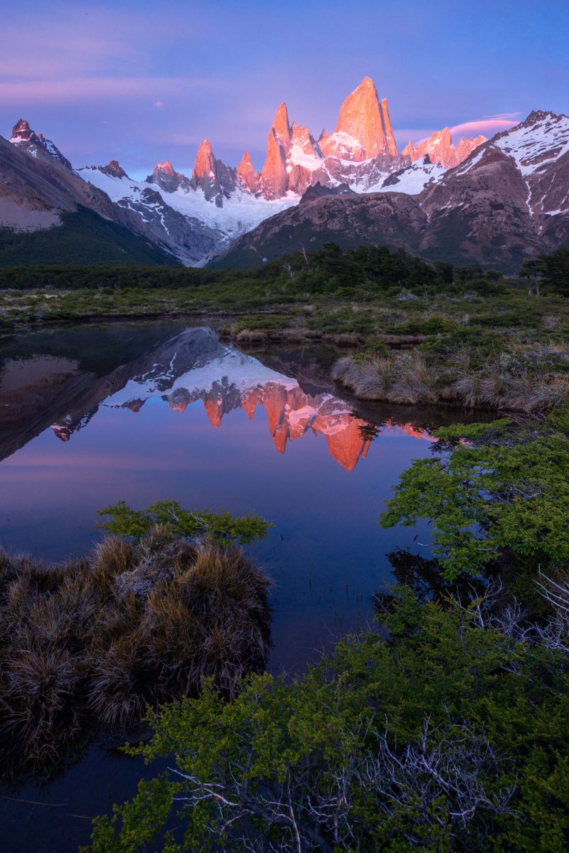 Reflection of Monte Fitzroy at sunrise, Patagonia, Argentina.