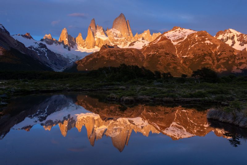 Reflection of Monte Fitzroy at sunrise, Patagonia, Argentina.