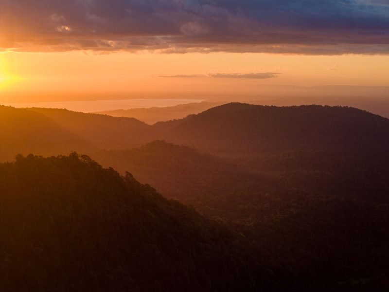 Sunset over the Valdavian rainforest of Puyuhue National Park, Chile.
