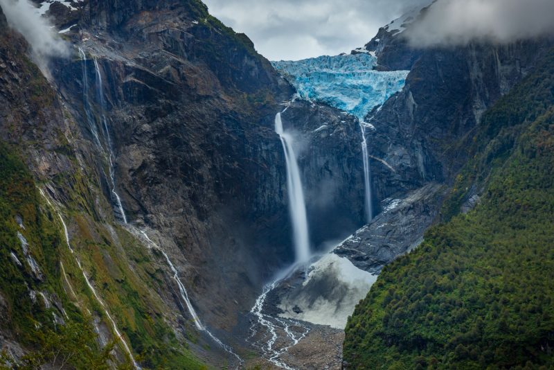 Cascada de Ventisquero Colgante and hanging glacier in Queuluat National Park, Patagonia, Chile.