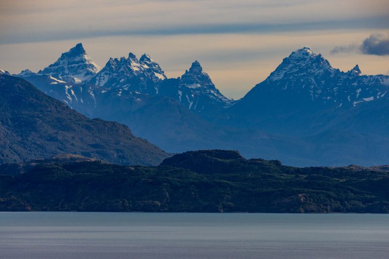 Looking across Lago General Carerra to the peaks of the Sierra Avellanos, Aysen, Patagonia, Chile.