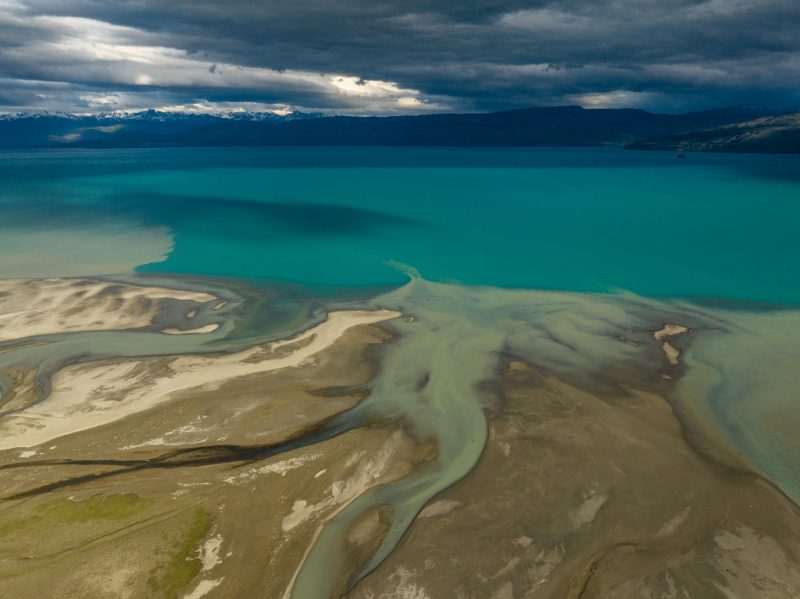 Sandbanks and the turquoise waters of Lago General Carerra, Aysen, Patagonia, Chile.