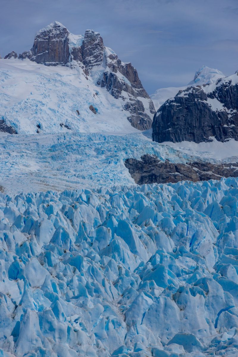 Cerro Gargantua and the crevasses of the Nef Glacier, Northern Patagonian Icefield, Laguna San Rafael National Park, Patagonia, Chile.