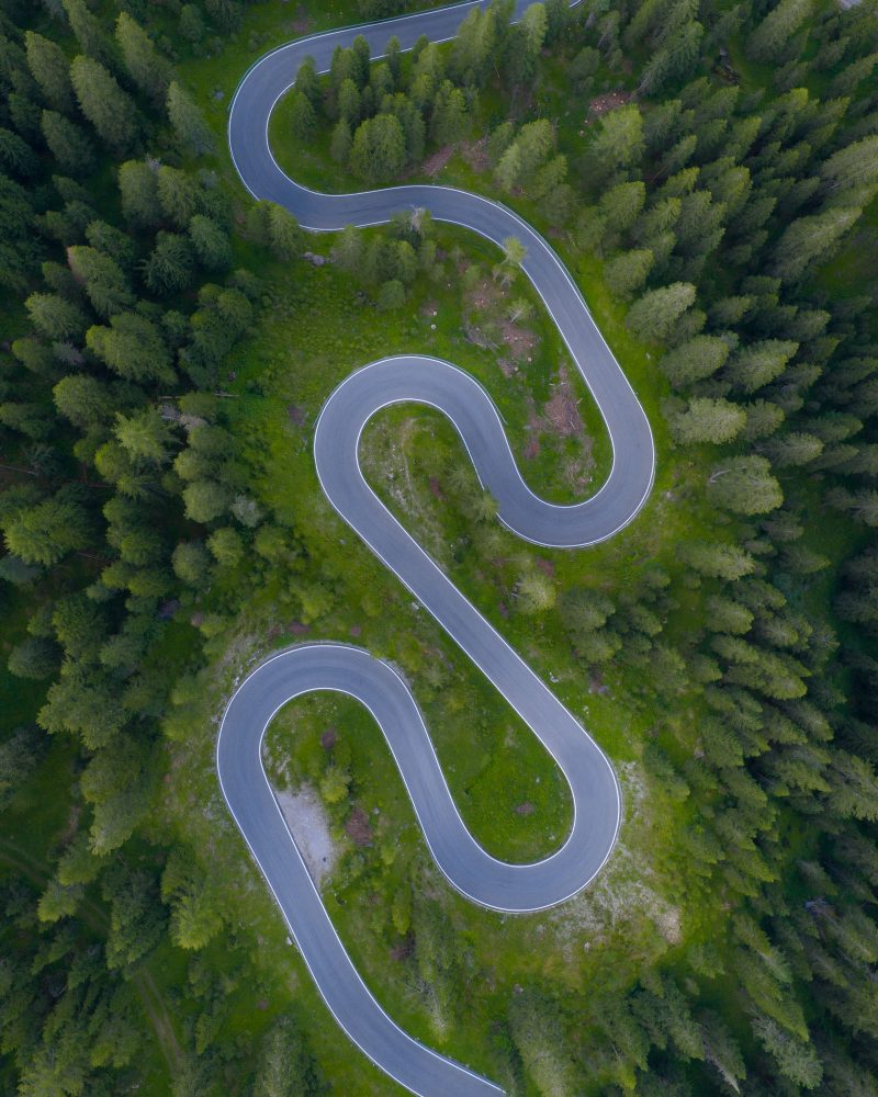 Hairpins on the Passo Giau near Cortina, Dolomites, Italy.