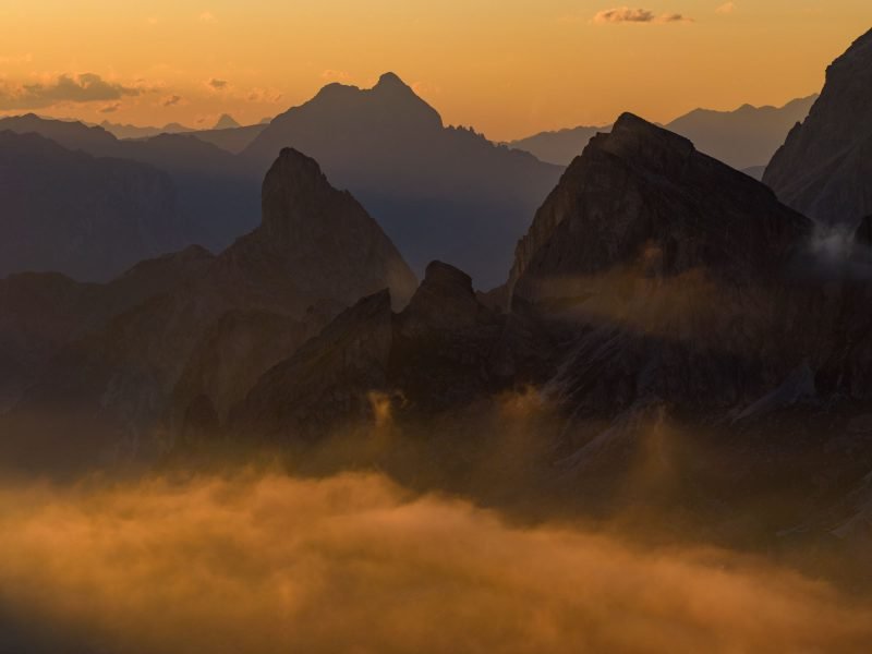Evening mists around Pass Giau, Dolomites, Italy.