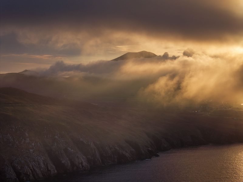 Aerial view of Achill Island at sunrise, County Mayo, Ireland.